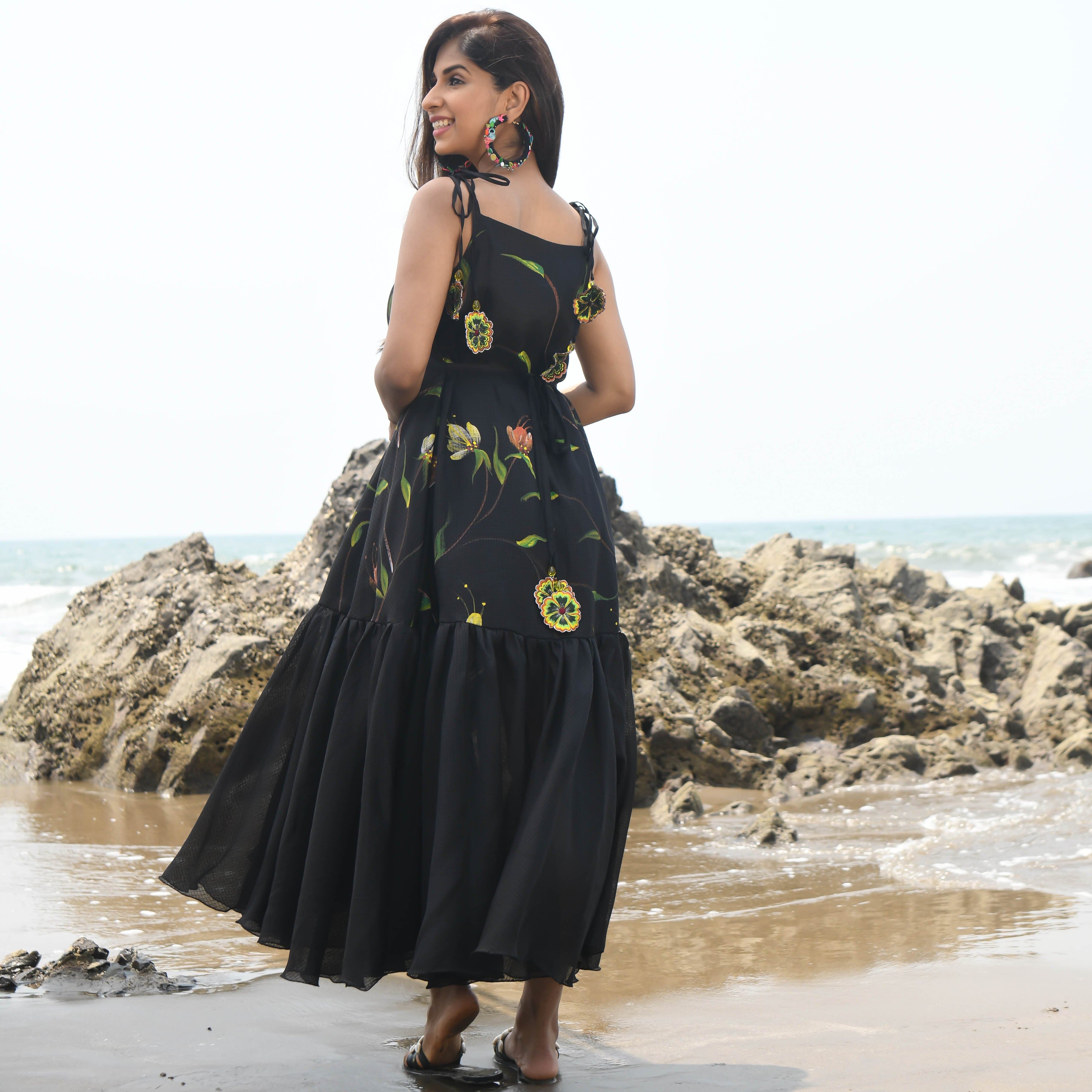 Raven Handpainted Black Summer Cotton Dress For Women Online